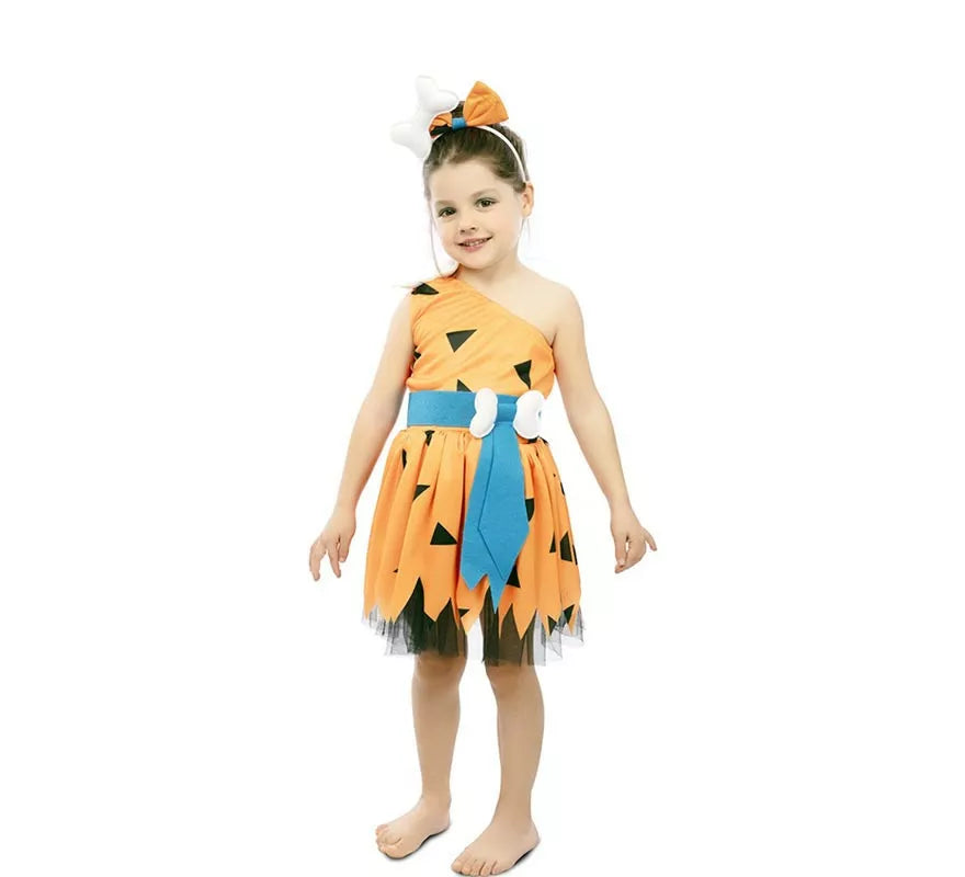 Translation missing: pt-PT.Disfraz de Cavernícola naranja con tocado para niña