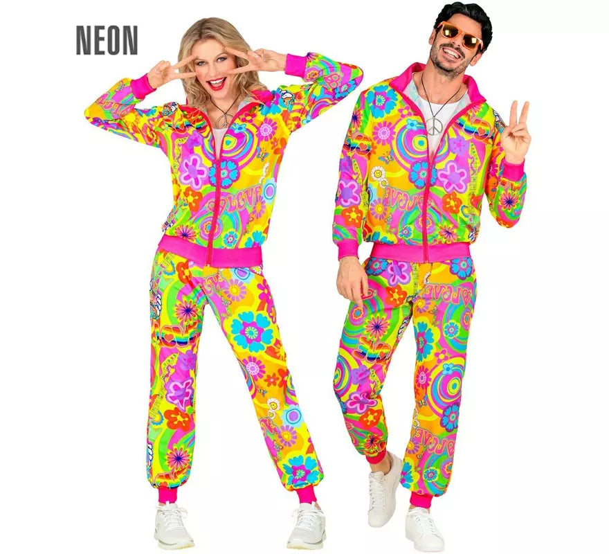 Translation missing: pt-PT.Disfraz de Chándal Hippie Groovy Love fluorescente para adulto