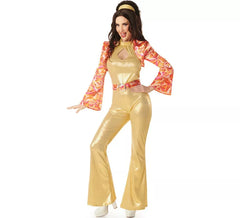 Fato feminina de discoteca dourada dos anos 70