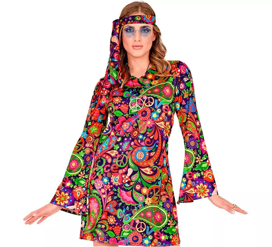 Translation missing: pt-PT.Disfraz de Chica Hippie en vestido psicodélico para mujer