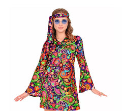 Fato de menina hippie em vestido psicodélico para mulheres