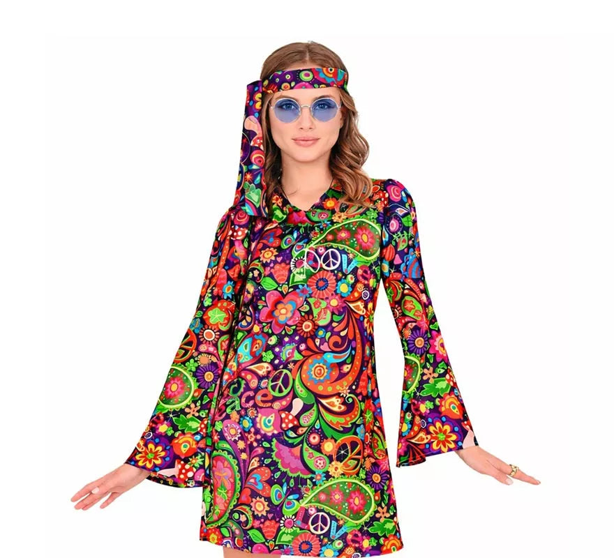 Translation missing: pt-PT.Disfraz de Chica Hippie en vestido psicodélico para mujer