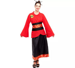 Fato de aldeão da China vermelho e preto para mulher