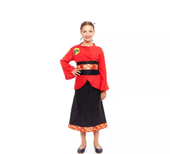 Fato de aldeão chinês vermelho e preto para menina
