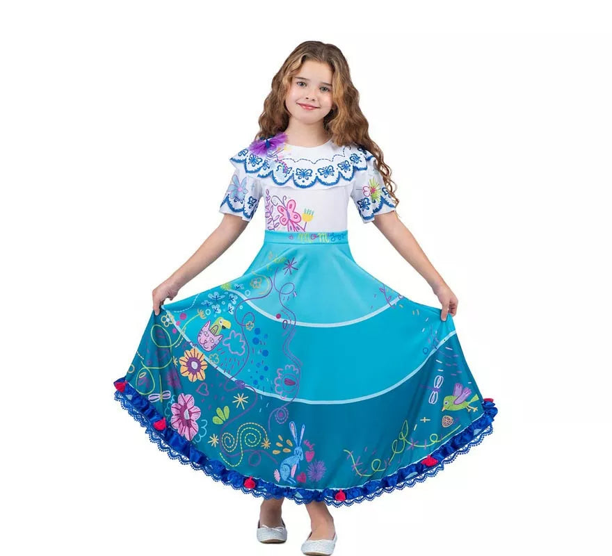 Translation missing: pt-PT.Disfraz de Colombiana azul y blanco floral para niña
