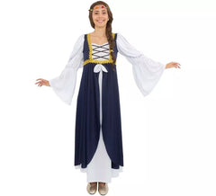 Fato de senhora medieval azul e branco para mulher