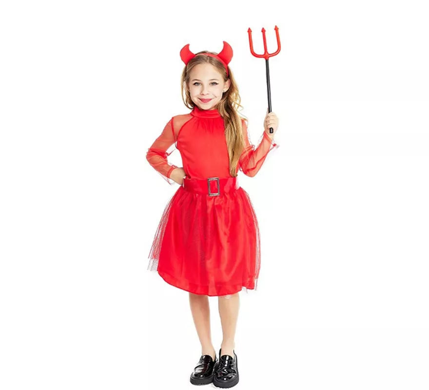 Translation missing: pt-PT.Disfraz de Diablesa moderna roja con diadema y cola para niña