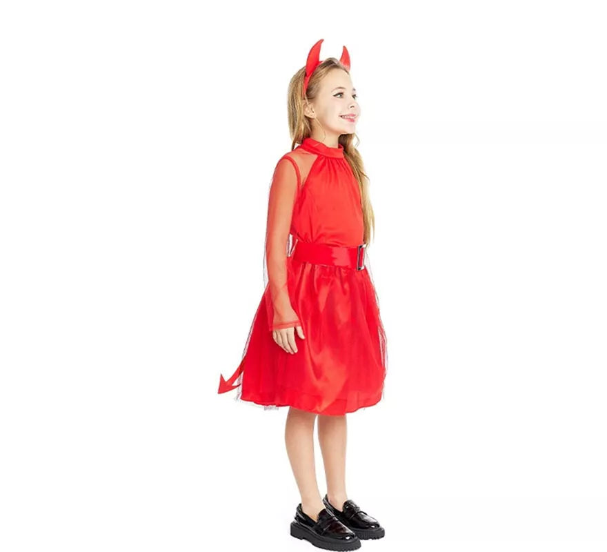 Translation missing: pt-PT.Disfraz de Diablesa moderna roja con diadema y cola para niña
