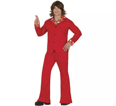 Fato de discoteca vermelho dos anos 70 para homem