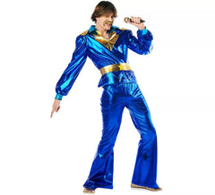 Fato disco azul dos anos 70 para homem