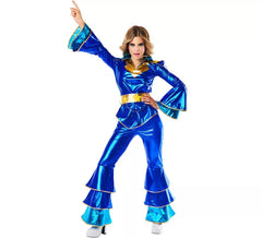 Fato de discoteca azul dos anos 70 para mulher
