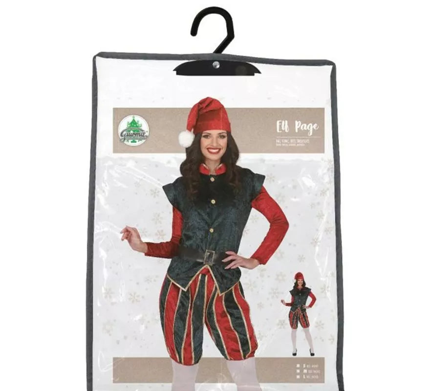 Disfraz de Elfa Paje verde y rojo con gorro para mujer