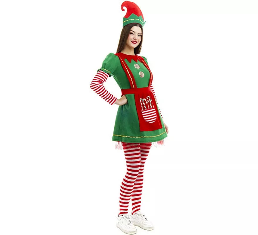 Disfraz de Elfa Polar en vestido verde y rojo para mujer