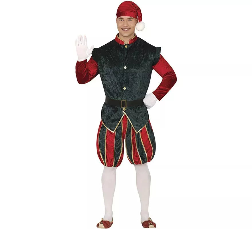 Translation missing: pt-PT.Disfraz de Elfo Paje verde y rojo con gorro para hombre