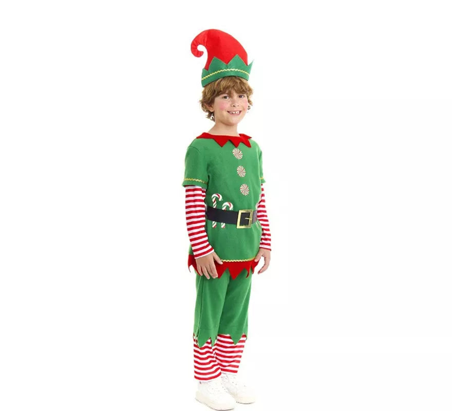 Translation missing: pt-PT.Disfraz de Elfo Polar verde y rojo con cinturón para niño