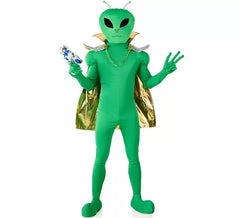 Fato de alienígena verde com capa dourada para homem