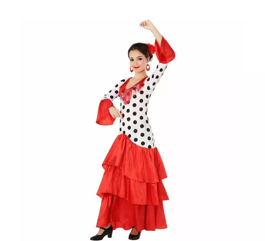 Translation missing: pt-PT.Disfraz de Flamenca o Sevillana blanco y rojo para mujer