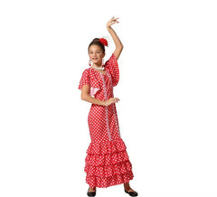 Fato de flamenco vermelho com pequenos pontos para uma menina