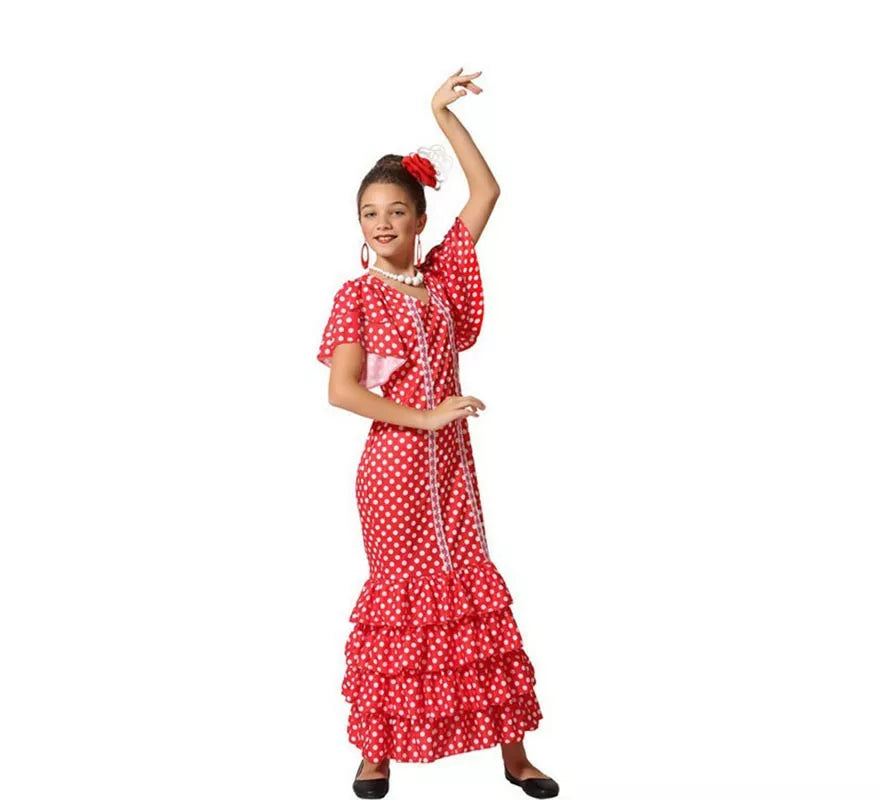 Translation missing: pt-PT.Disfraz de Flamenca Rojo con puntos pequeños para niña