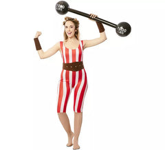 Fato de Strongwoman vermelho e branco com cinto para mulher