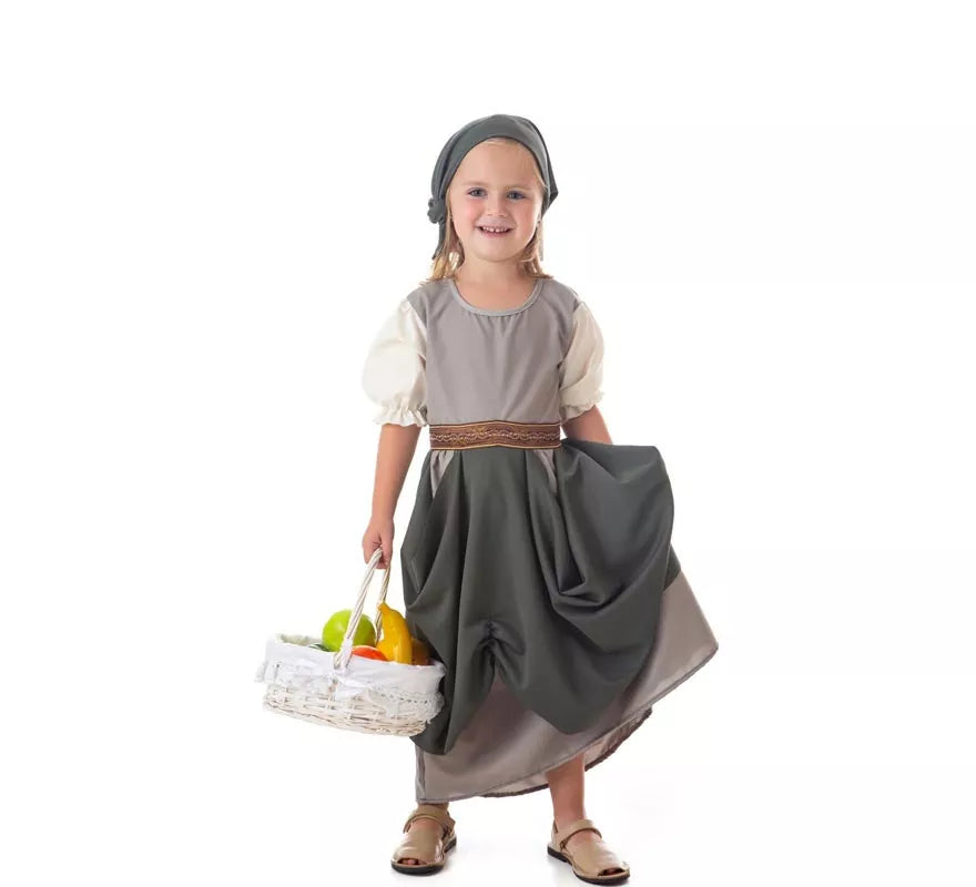 Translation missing: pt-PT.Disfraz de Frutera Medieval gris con pañuelo para niña