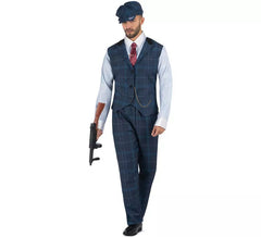 Traje de gangster inglês xadrez azul masculino