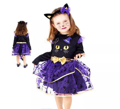 Adorável Fato de gato preto e roxo para menina