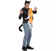 Fato de gato e abóbora com capa de mochila para adulto e bebé