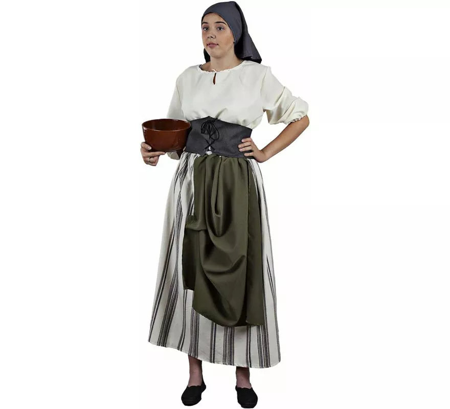 Translation missing: pt-PT.Disfraz de Granjera Medieval verde y blanco para mujer