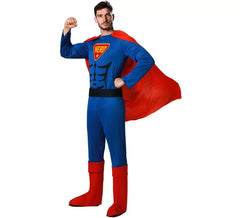 Fato de herói de banda desenhada azul e vermelho para homem