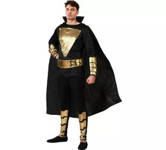 Fantasia de herói de quadrinhos preto e dourado com capa para homem