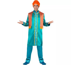 Elegante traje hindu azul e laranja para homem