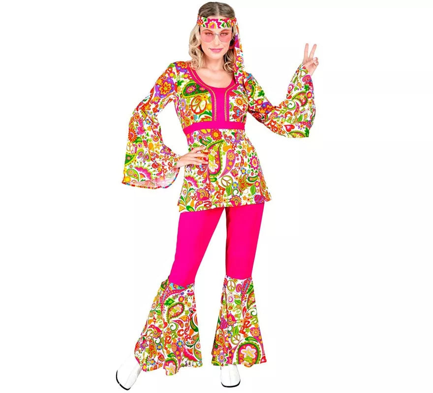 Translation missing: pt-PT.Disfraz de Hippie años 60 Flores fucsia para mujer