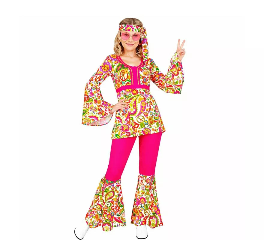 Translation missing: pt-PT.Disfraz de Hippie años 60 Flores fucsia para mujer
