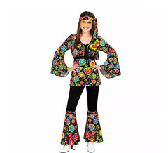 Fato Hippie dos anos 60 com flores e mandalas para mulher
