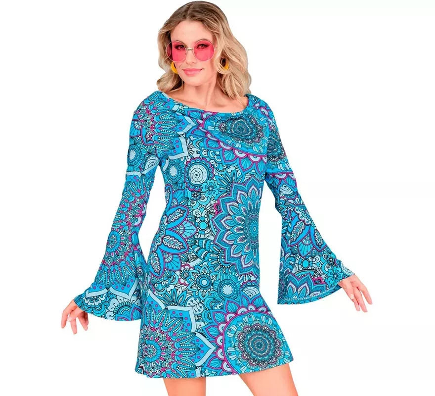 Translation missing: pt-PT.Disfraz de Hippie años 60 Mandala azul para mujer