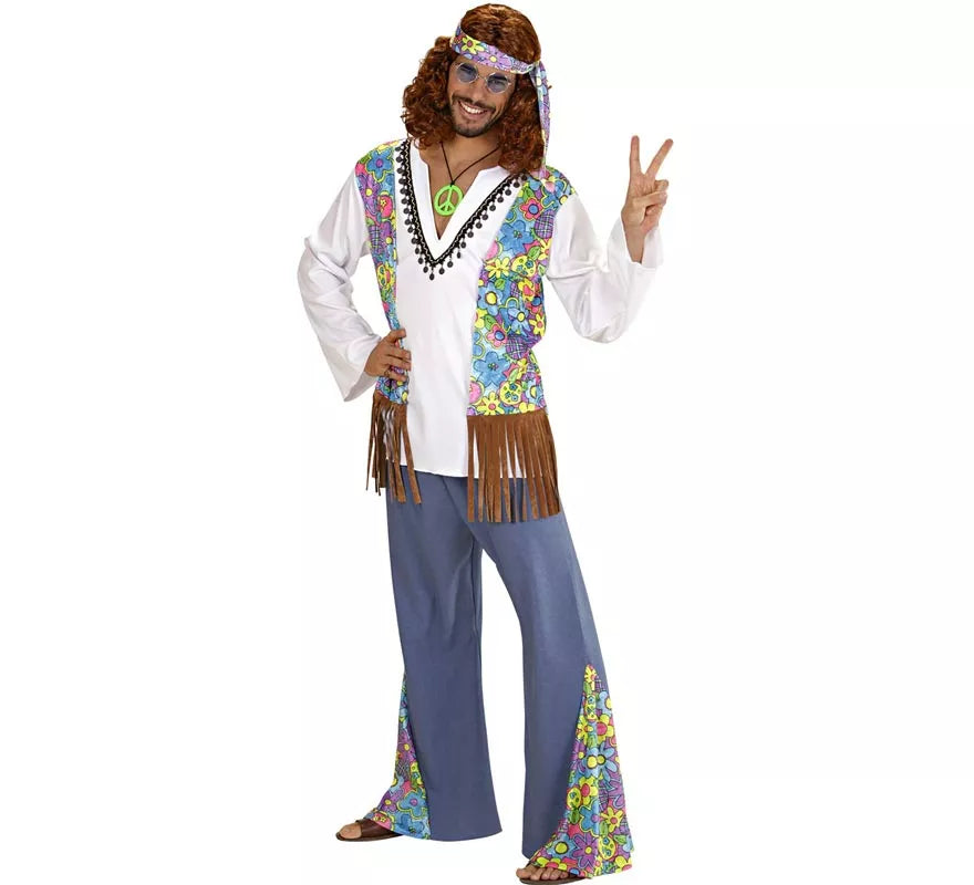 Disfraz de Hippie blanco con chaleco para hombre