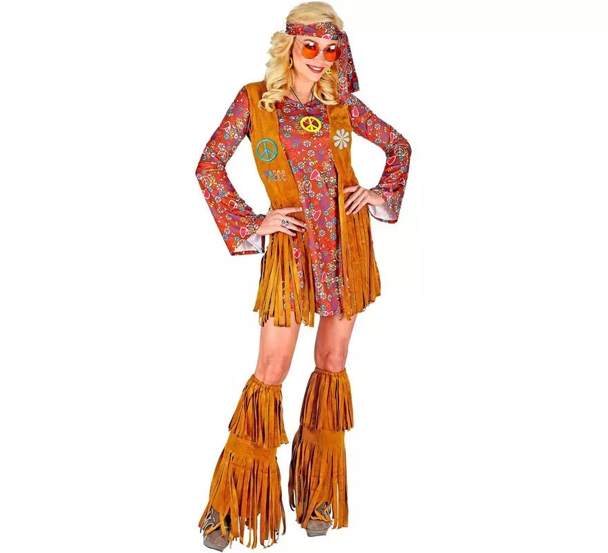 Disfraz de Hippie con cubrebotas y flecos para mujer