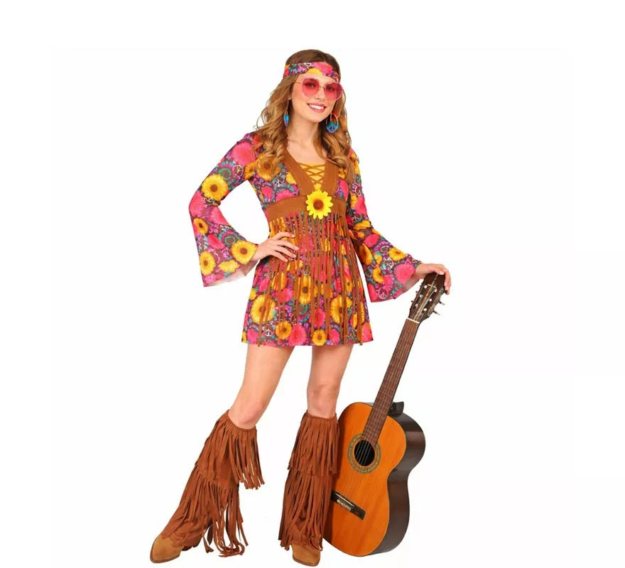 Disfraz de Hippie floral con flecos para mujer