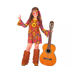 Fato de hippie floral com franjas para menina e adolescente