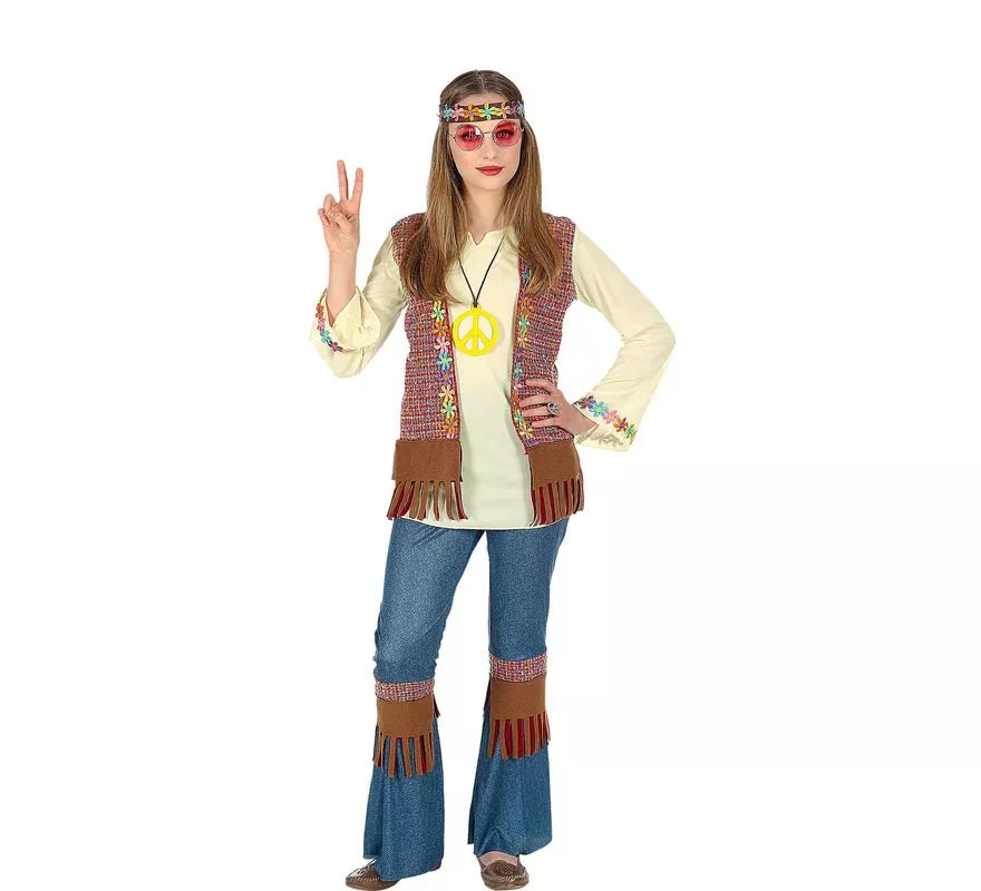 Disfraz de Hippie marrón con collar para niña y adolescente