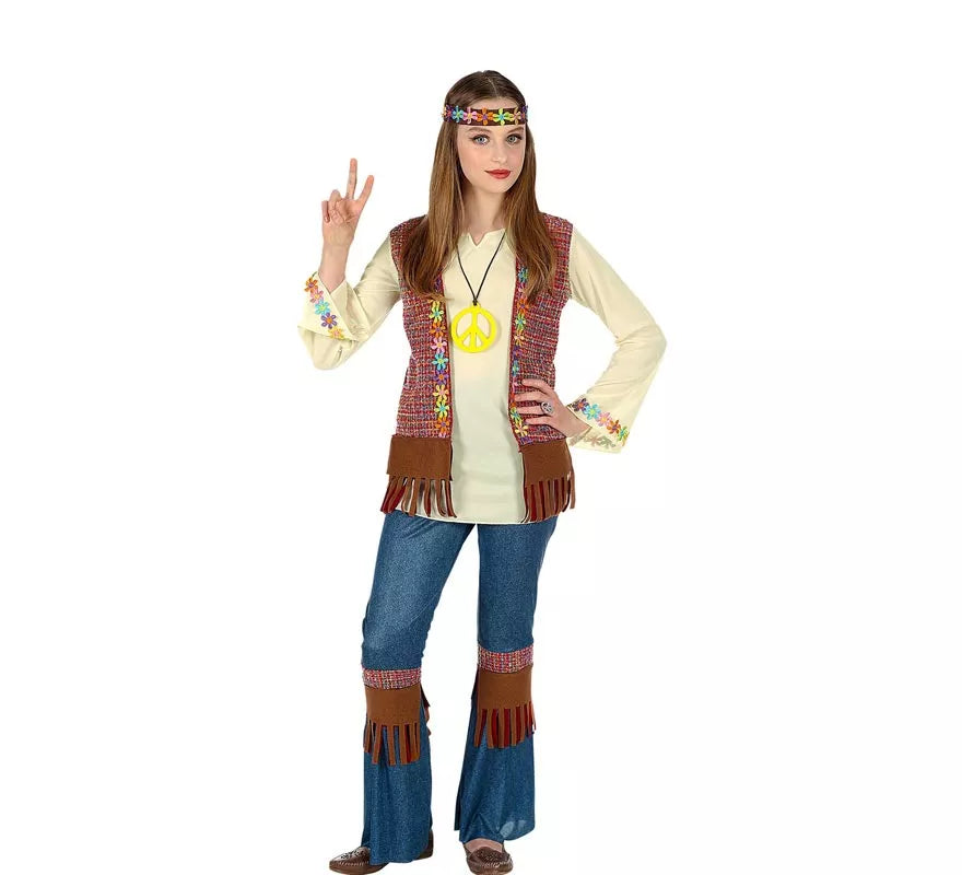 Translation missing: pt-PT.Disfraz de Hippie marrón con collar para niña y adolescente