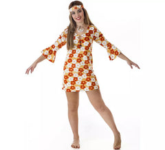 Traje hippie vestido laranja com flores para mulher