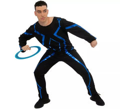 Fato de jogador de videojogo preto e azul para homem