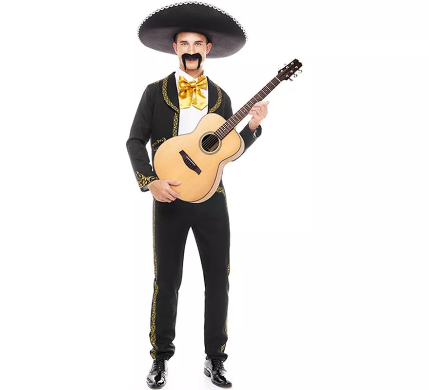 Translation missing: pt-PT.Disfraz de Mariachi Charro negro y dorado para hombre