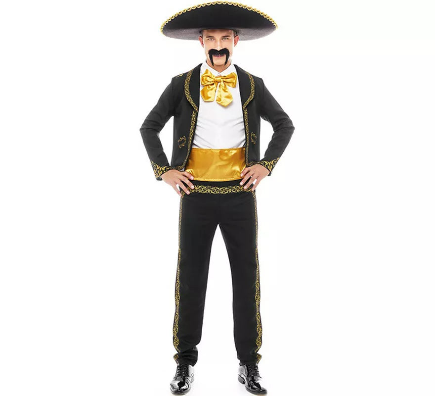 Translation missing: pt-PT.Disfraz de Mariachi Charro negro y dorado para hombre