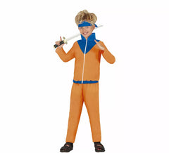 Fato de ninja de anime laranja e azul para menino