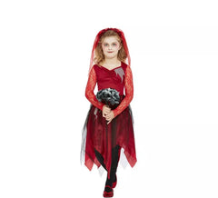 Fato de noiva zumbi vermelha para menina