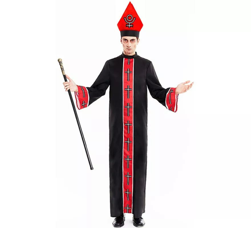 Translation missing: pt-PT.Disfraz de Obispo Satánico con estola negro y rojo para hombre