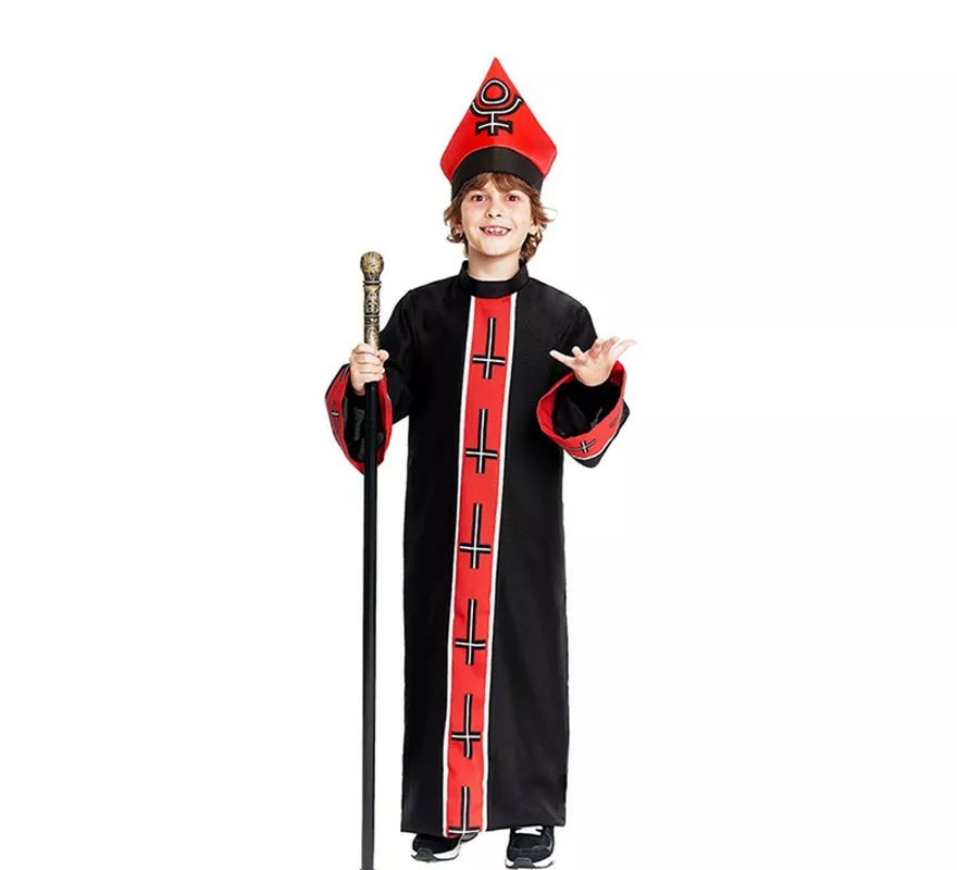 Translation missing: pt-PT.Disfraz de Obispo Satánico con estola negro y rojo para niño